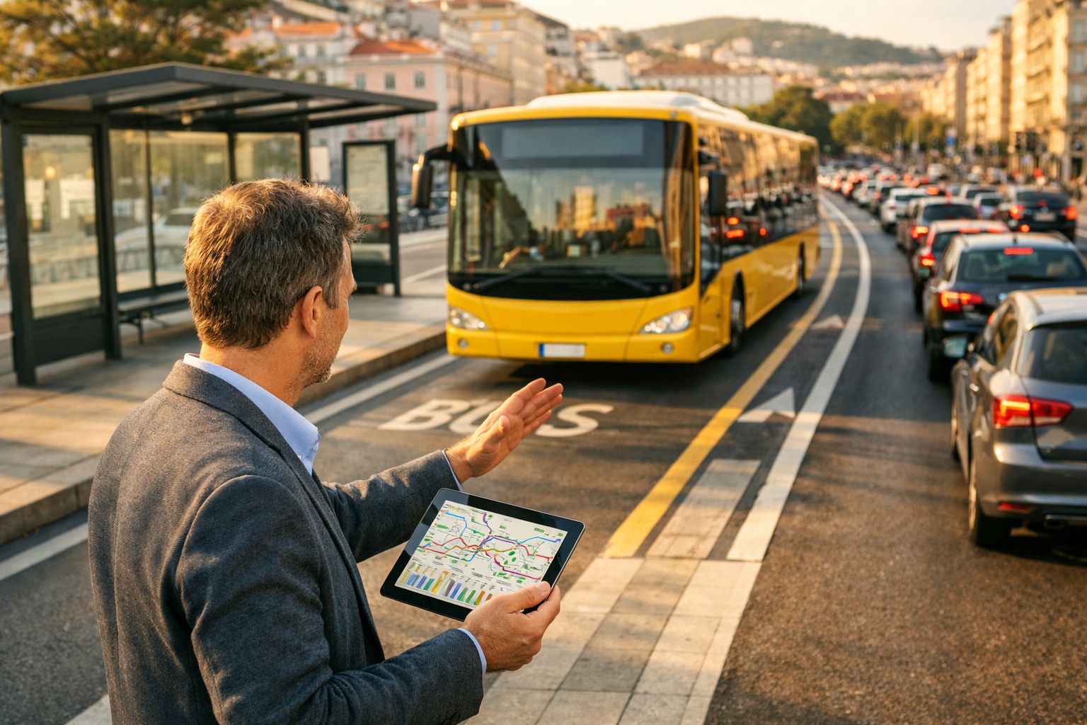 Homem com tablet consulta mapa enquanto espera autocarro amarelo numa paragem urbana.