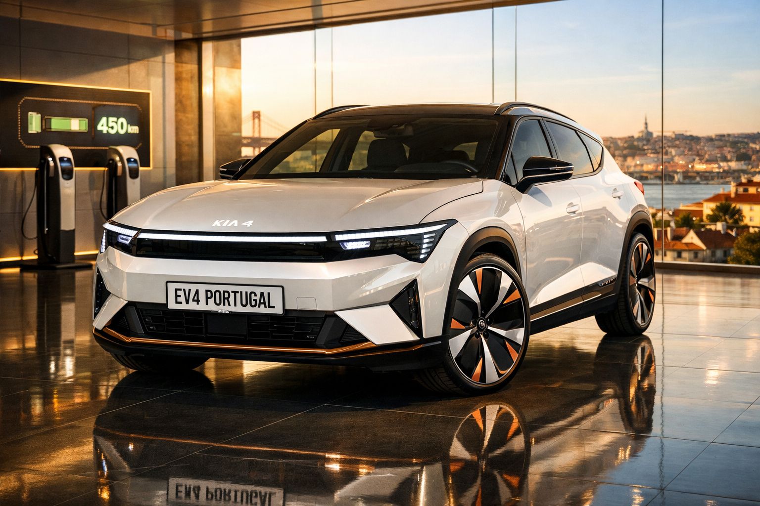Carro elétrico Kia EV4 branco estacionado em showroom com postos de carregamento e vista urbana ao fundo.