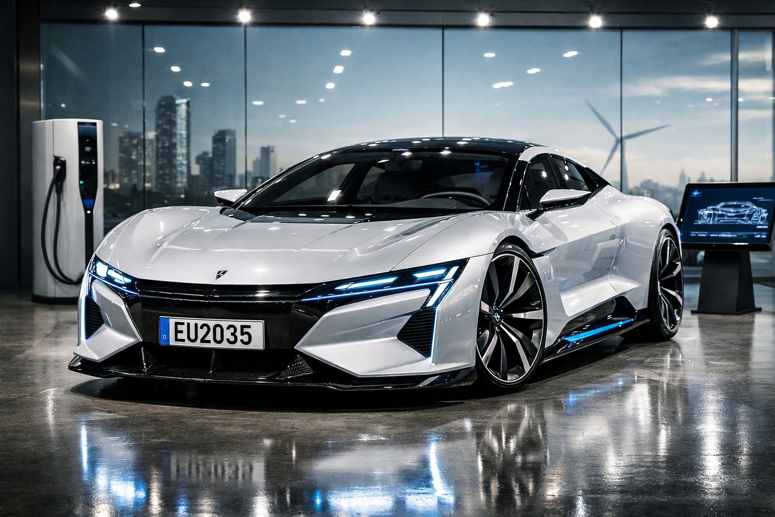 Carro desportivo elétrico moderno branco estacionado em showroom com carregador elétrico e telas ao fundo.