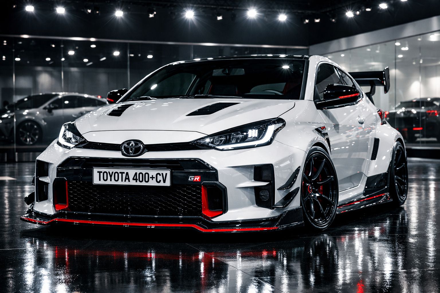 Carro desportivo Toyota GR Yaris branco estacionado em interior com iluminação refletida no chão molhado.