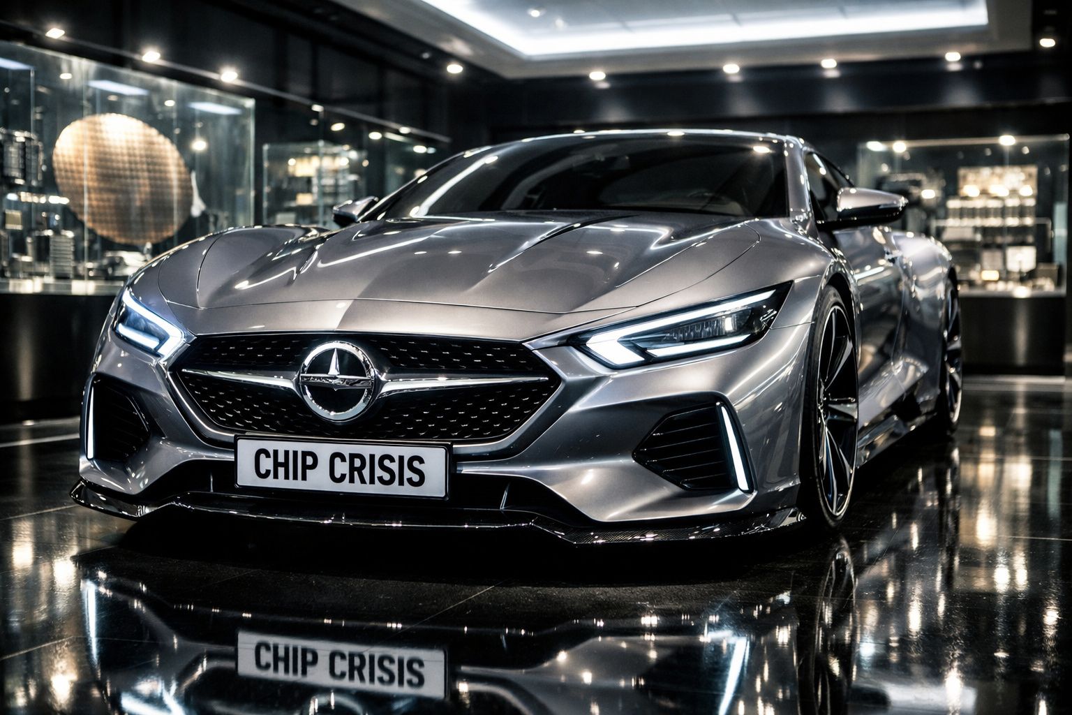 Carro desportivo cinzento metálico com faróis LED, em exposição num espaço sofisticado e iluminado.