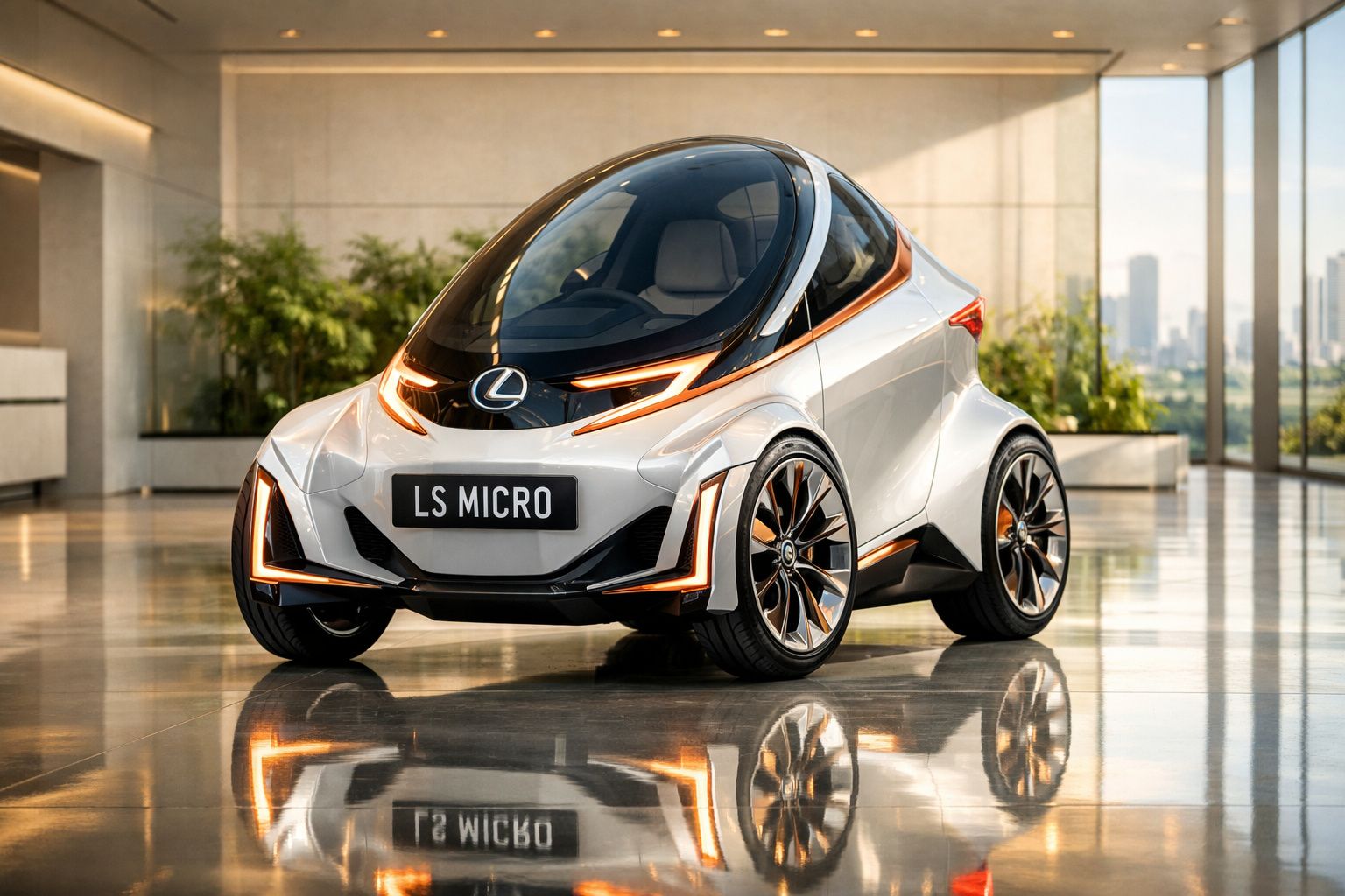 Carro elétrico compacto Lexus LS Micro branco com design futurista em ambiente interior moderno.