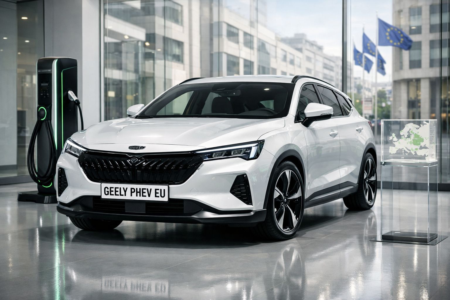 Carro elétrico branco Geely PHEV em sala moderna junto a posto de carregamento e bandeiras europeias.