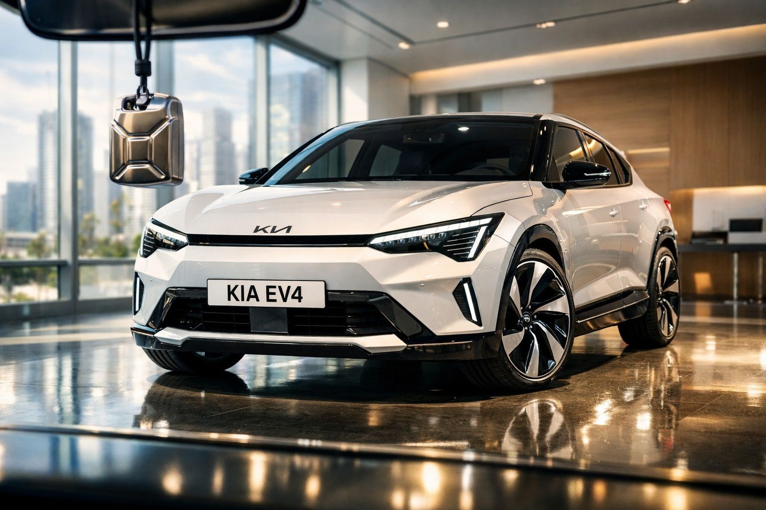 Automóvel elétrico branco Kia EV4 estacionado num ambiente interior moderno e luminoso.