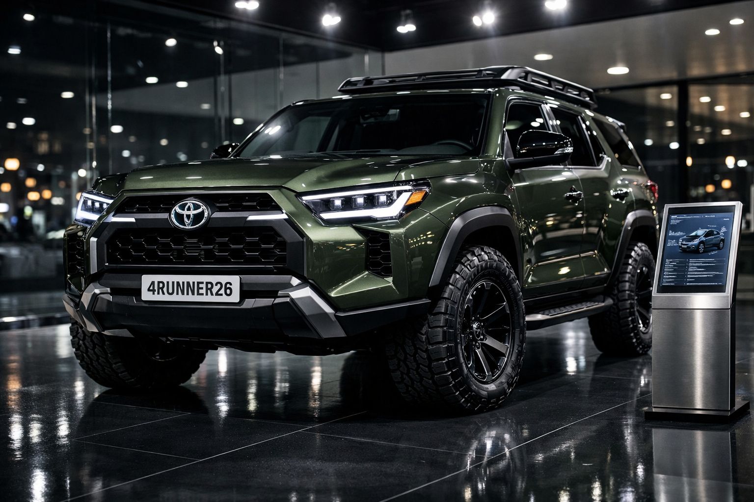 SUV Toyota 4Runner verde escuro exibido em ambiente interior moderno com iluminação refletida no chão.