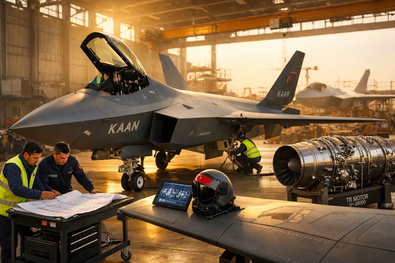 Caça furtivo KAAN num hangar com técnicos a analisar planos e motor de avião em primeiro plano.