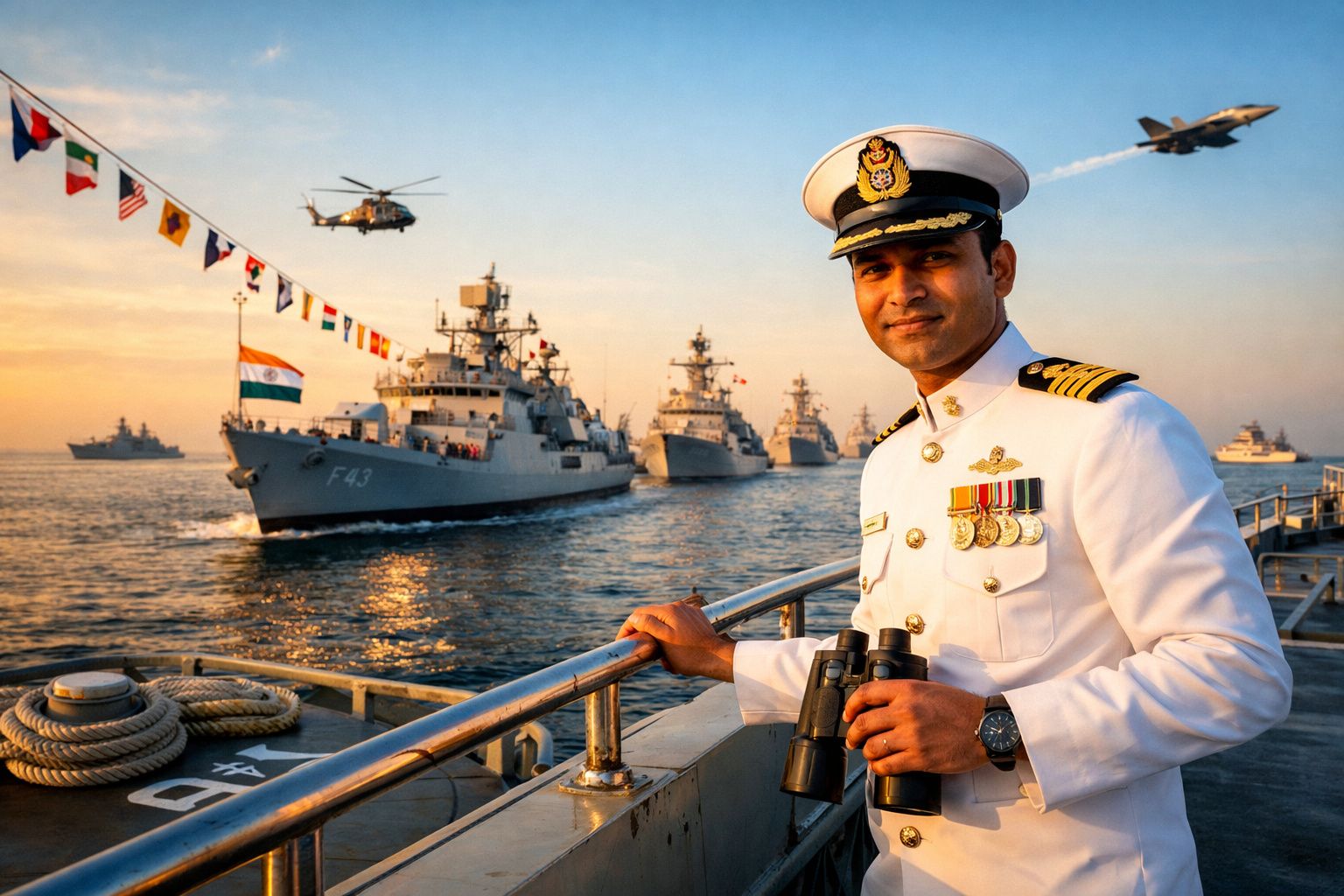 Oficial naval indiano com uniforme branco em navio, com frota e aeronaves militares ao fundo ao pôr do sol.