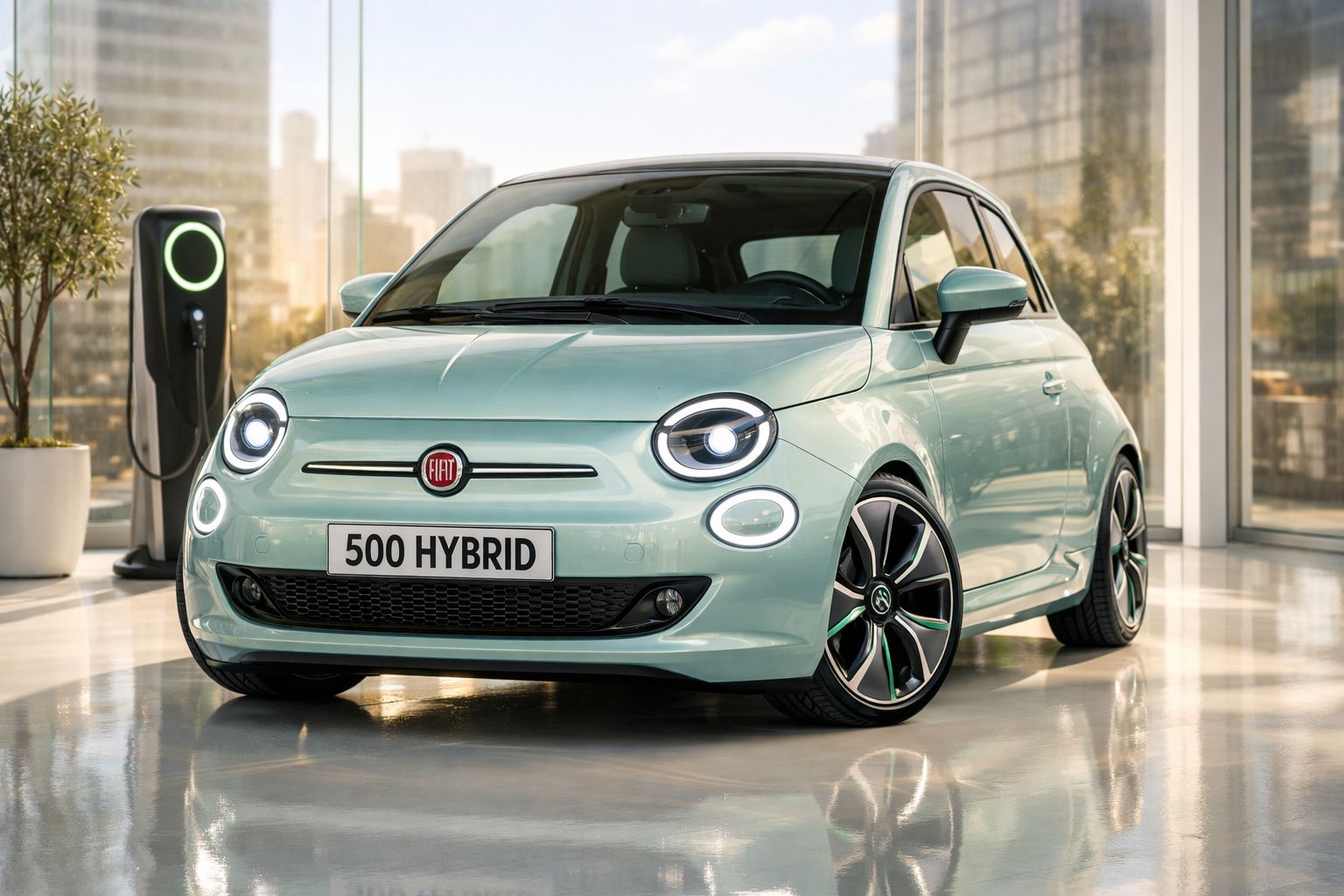 Carro Fiat 500 Hybrid azul claro estacionado junto a posto de carregamento elétrico num ambiente moderno e iluminado.