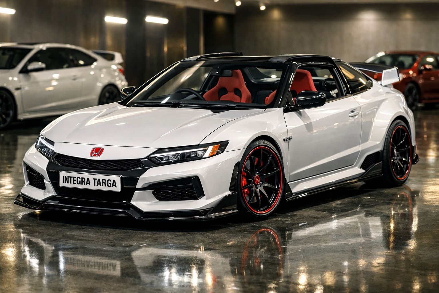 Carro desportivo branco Honda Integra Targa com detalhes em preto e interior vermelho em ambiente interior.
