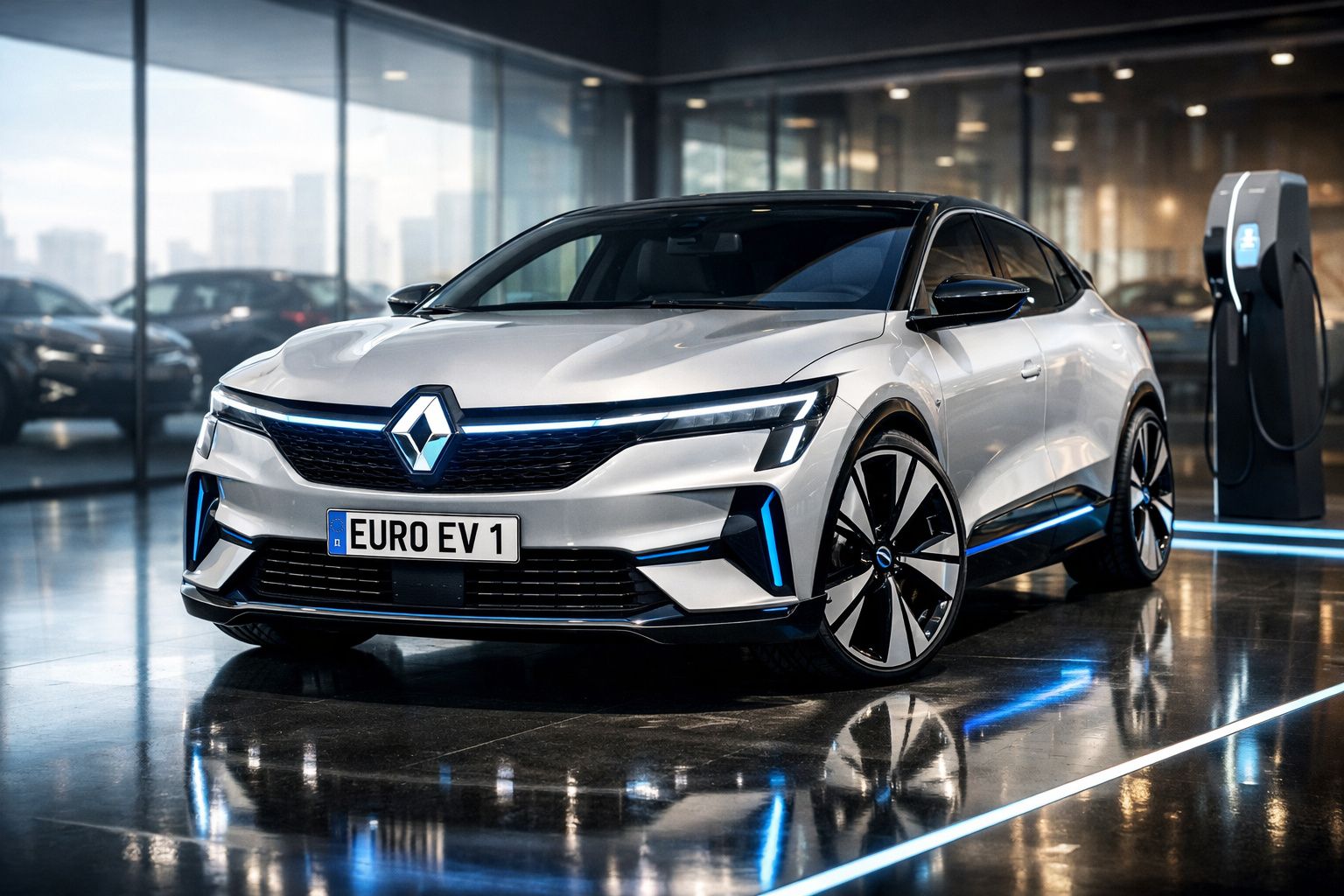 Carro elétrico Renault branco estacionado em showroom com posto de carregamento ao fundo.