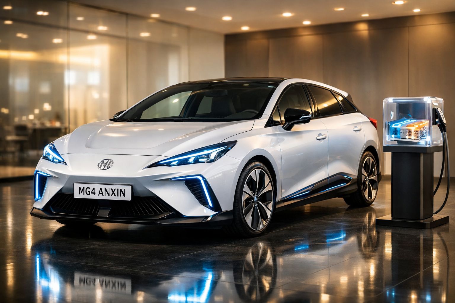 Carro elétrico branco MG4 ANXIN estacionado em interior moderno com modelo de bateria iluminada ao lado.