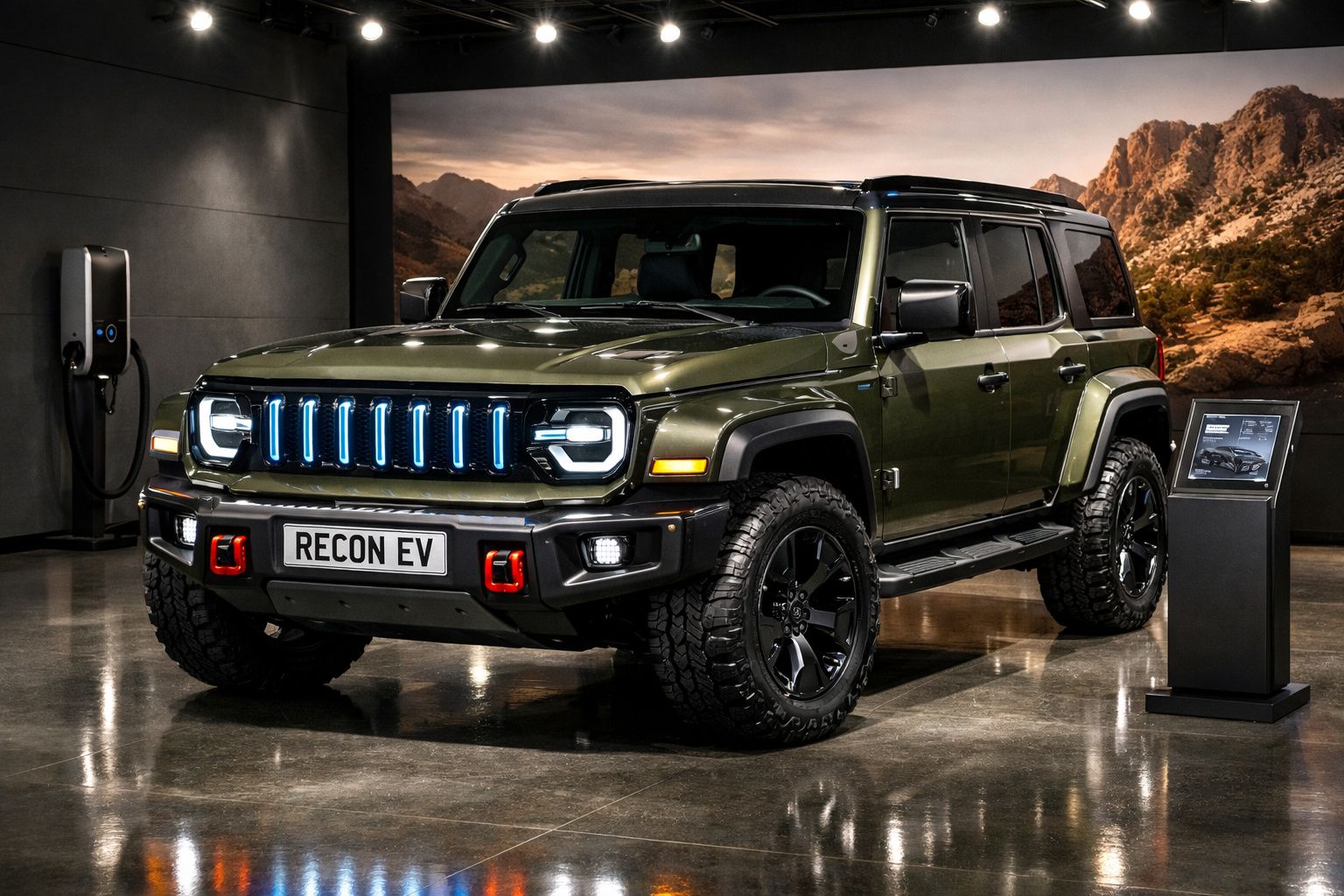 Veículo elétrico todo-o-terreno verde com faróis LED exposto em salão com parede de montanhas.