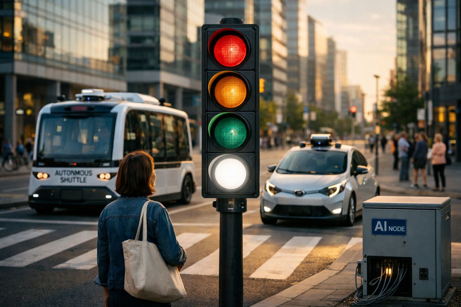 Sinaleiro com luz vermelha acesa e mulher à espera para atravessar avenida com veículos autónomos ao fundo.