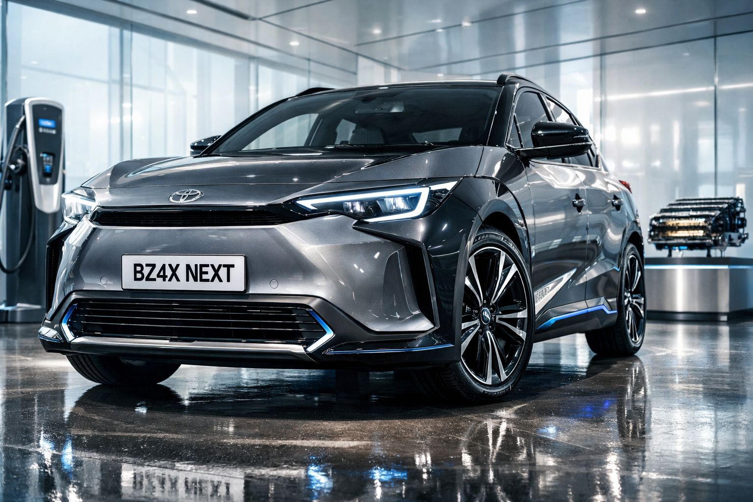 Carro elétrico Toyota BZ4X NEXT cinzento num ambiente interior moderno com estação de carregamento.