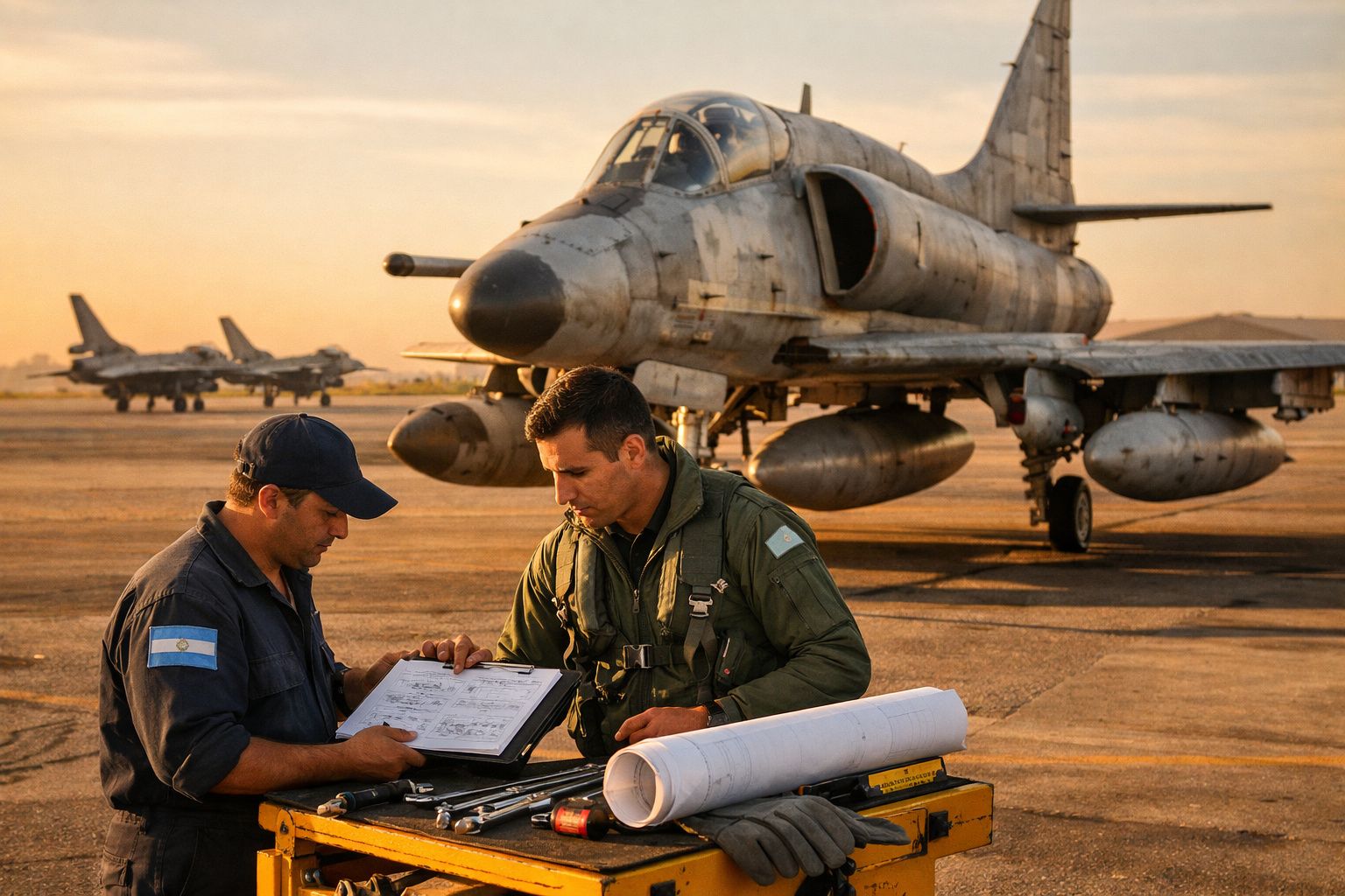 Dois militares argentinos junto a um avião de caça antigo num aeroporto ao pôr do sol.
