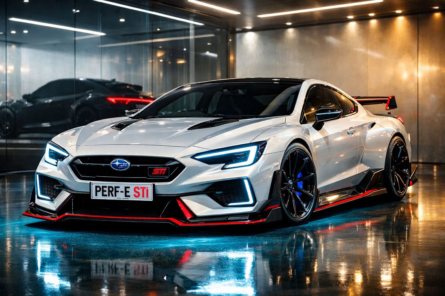 Carro desportivo Subaru STI branco com detalhes em vermelho, luzes LED acesas e jantes pretas.