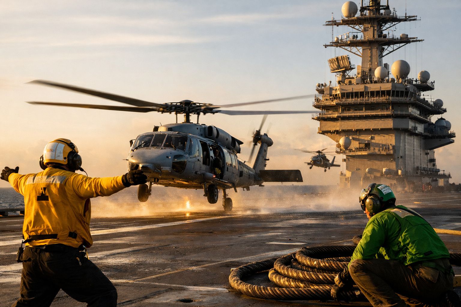 Helicóptero militar a levantar voo de porta-aviões com tripulantes de coletes coloridos na pista ao pôr do sol.