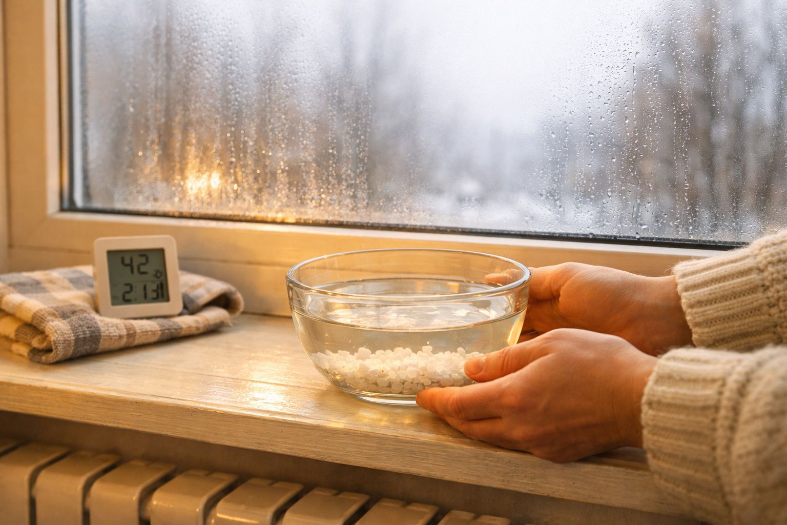 Mãos seguram tigela de vidro com água e bolas brancas junto a janela embaciada e termómetro digital.