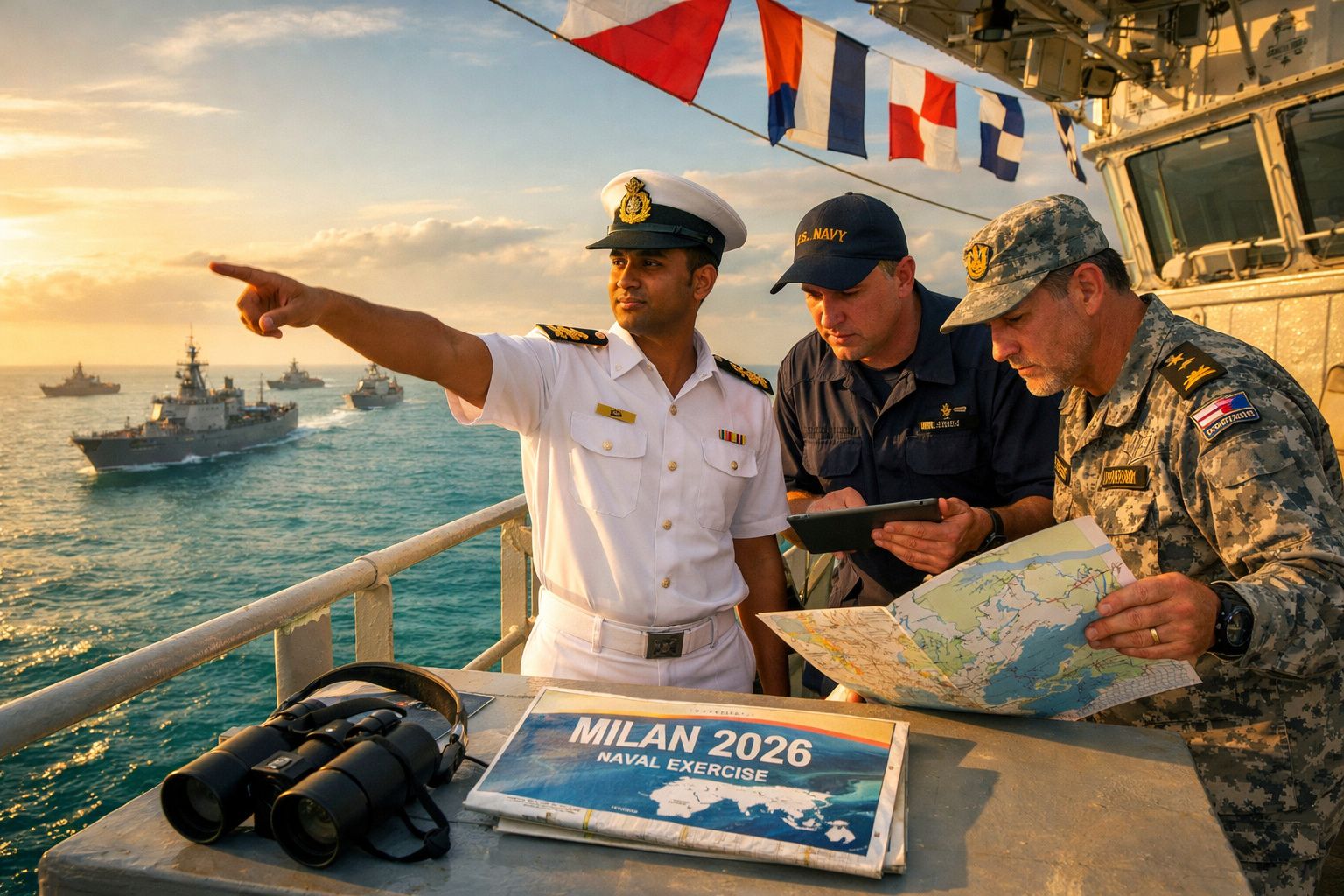 Três militares na ponte de comando durante exercício naval MILAN 2026, com navios no mar ao fundo ao pôr do sol.