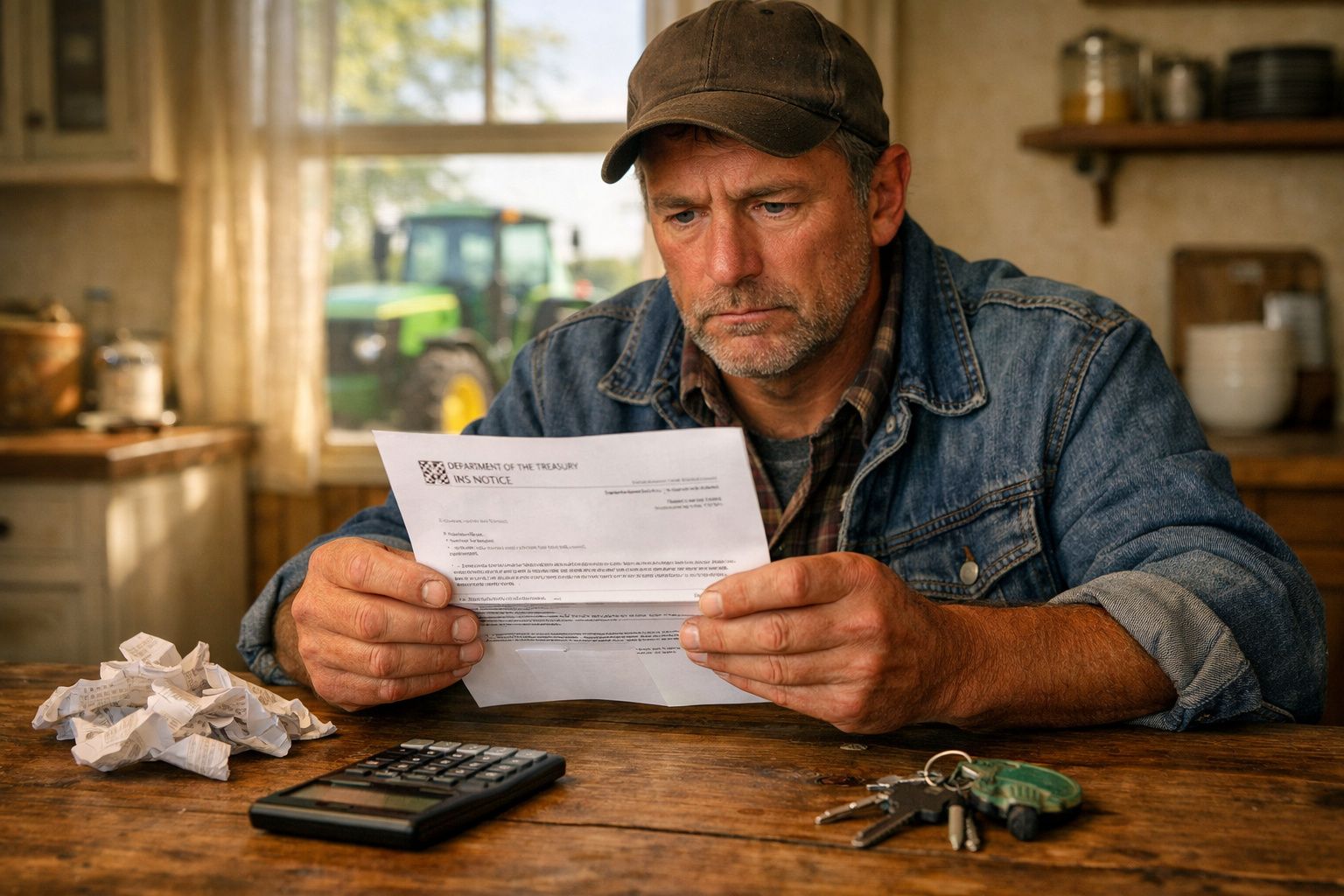 Homem com chapéu a ler uma carta com expressão preocupada numa mesa com calculadora e chaves.