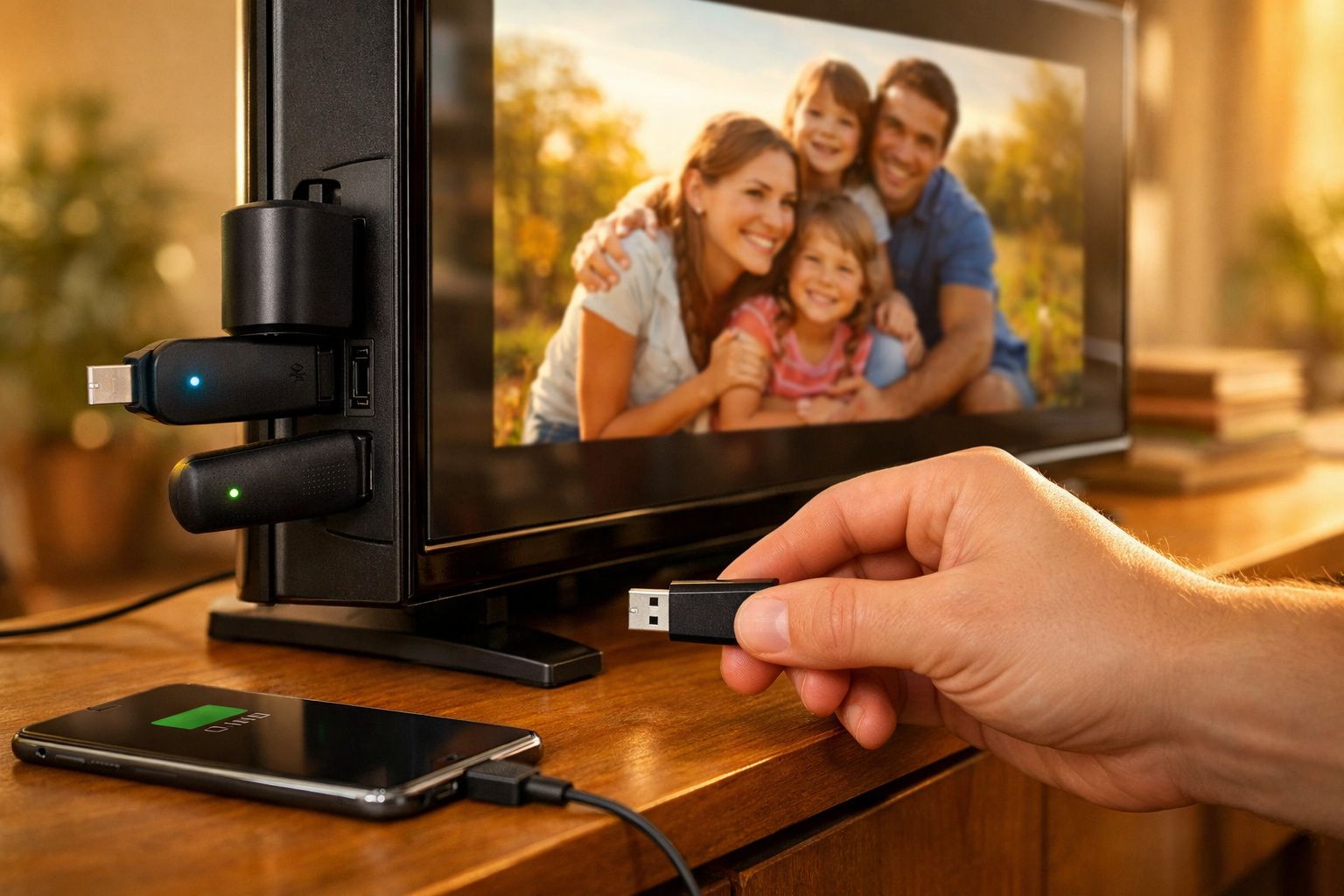 Pessoa a inserir pen USB num televisor com foto de família, junto a smartphone a carregar sobre móvel de madeira.