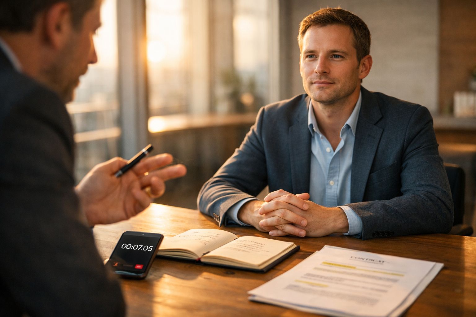 Dois homens em roupa formal numa reunião de trabalho com notas e documentos numa mesa.