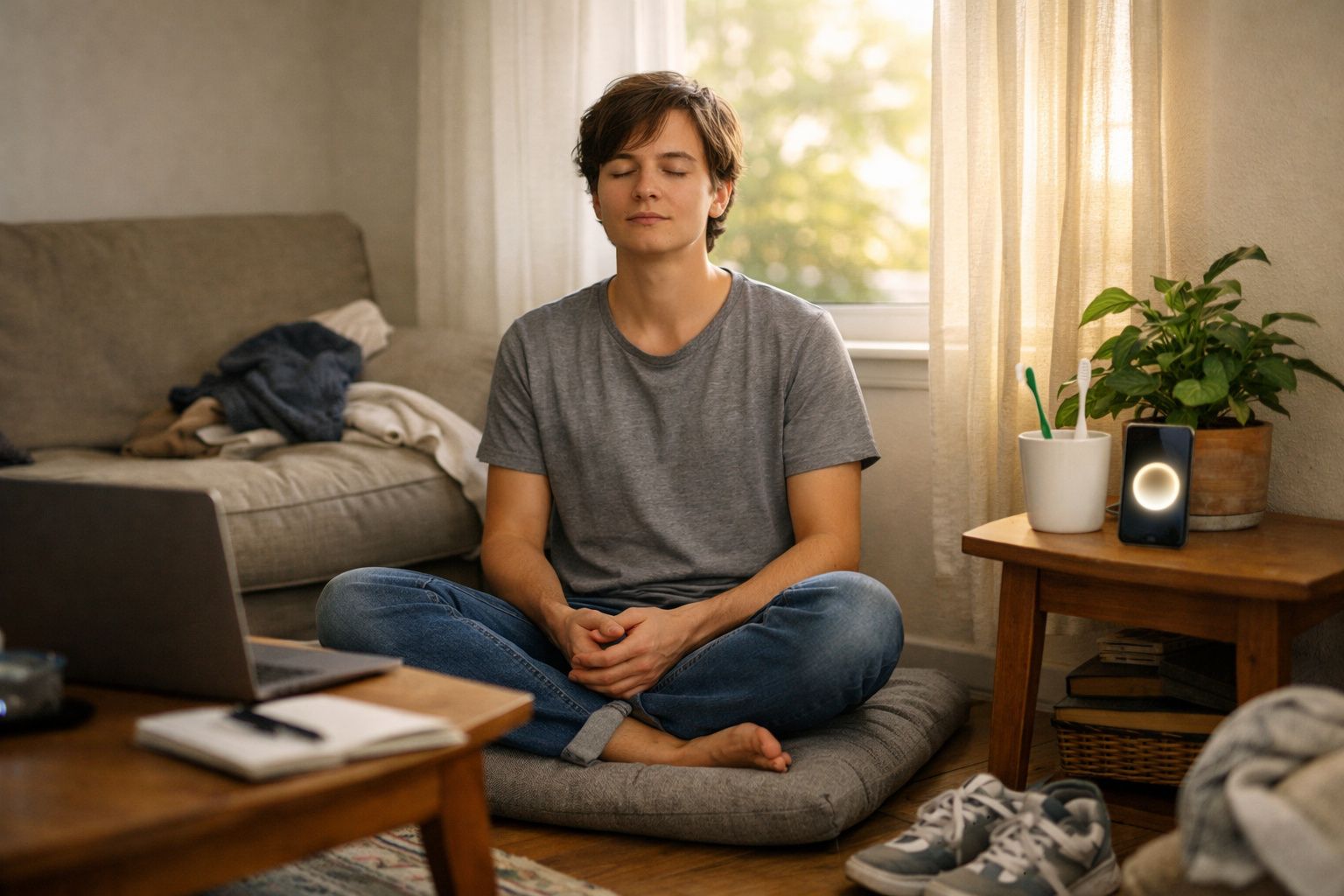 Pessoa jovem sentada de pernas cruzadas em almofada, meditando numa sala iluminada e acolhedora.