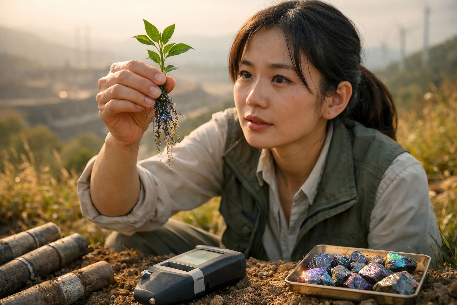 Mulher com colete verde segura planta com raízes expostas, rodeada por equipamentos e minerais no campo.
