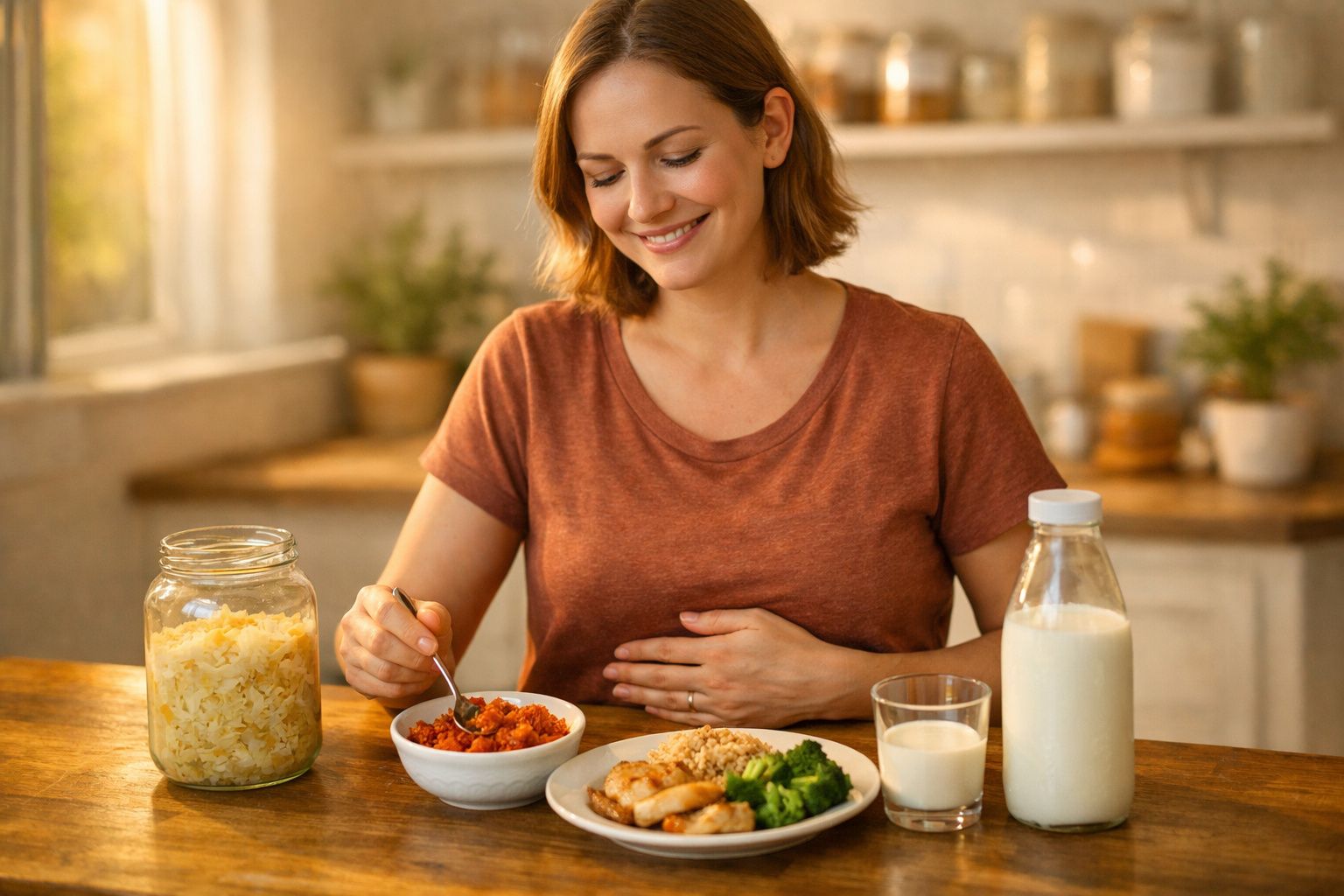 Mulher sorridente a preparar-se para comer uma refeição saudável com legumes, cereais e leite na cozinha.