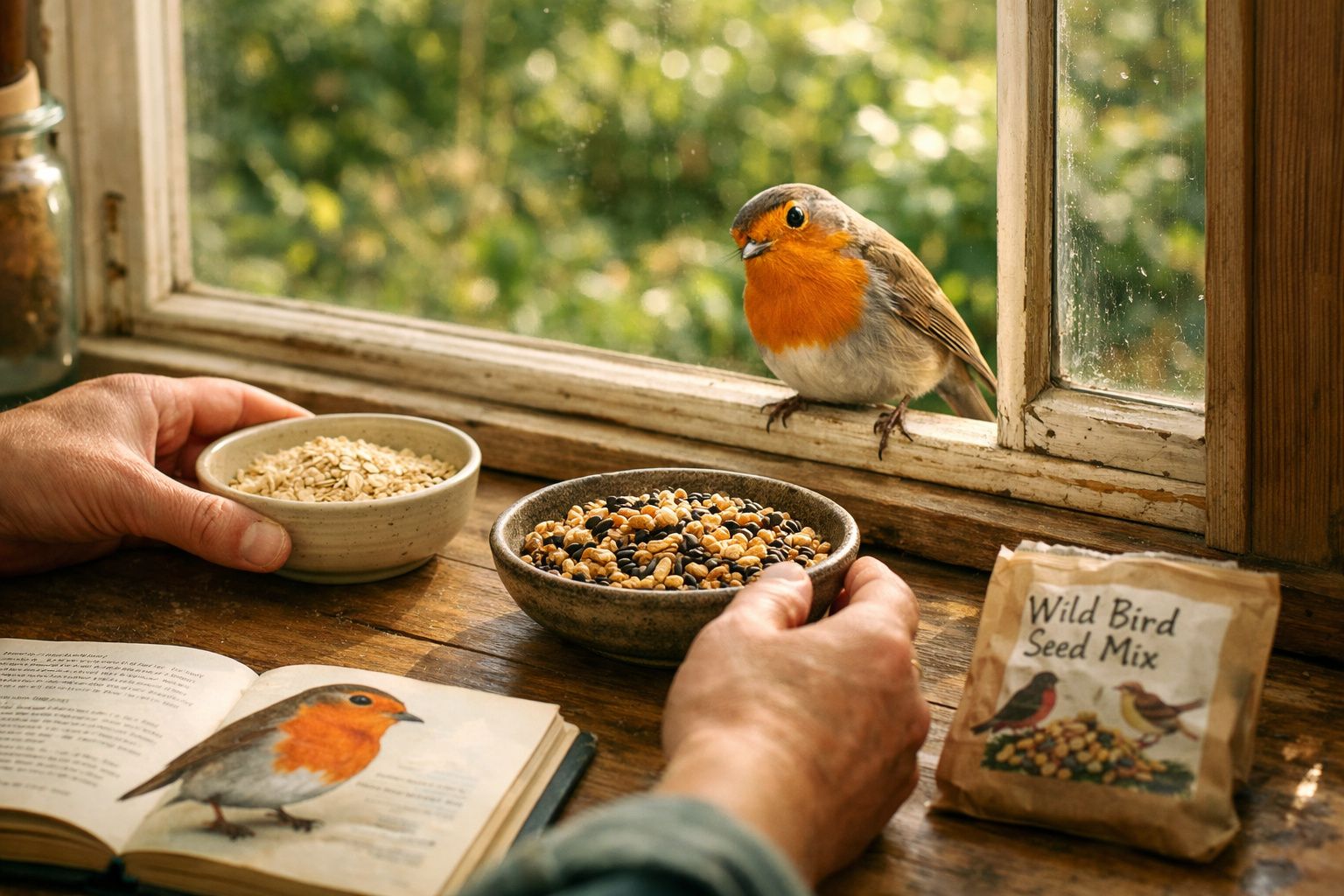 Pássaro com peito laranja pousado numa janela perto de sementes e mãos a pegar em pequenos recipientes com comida.