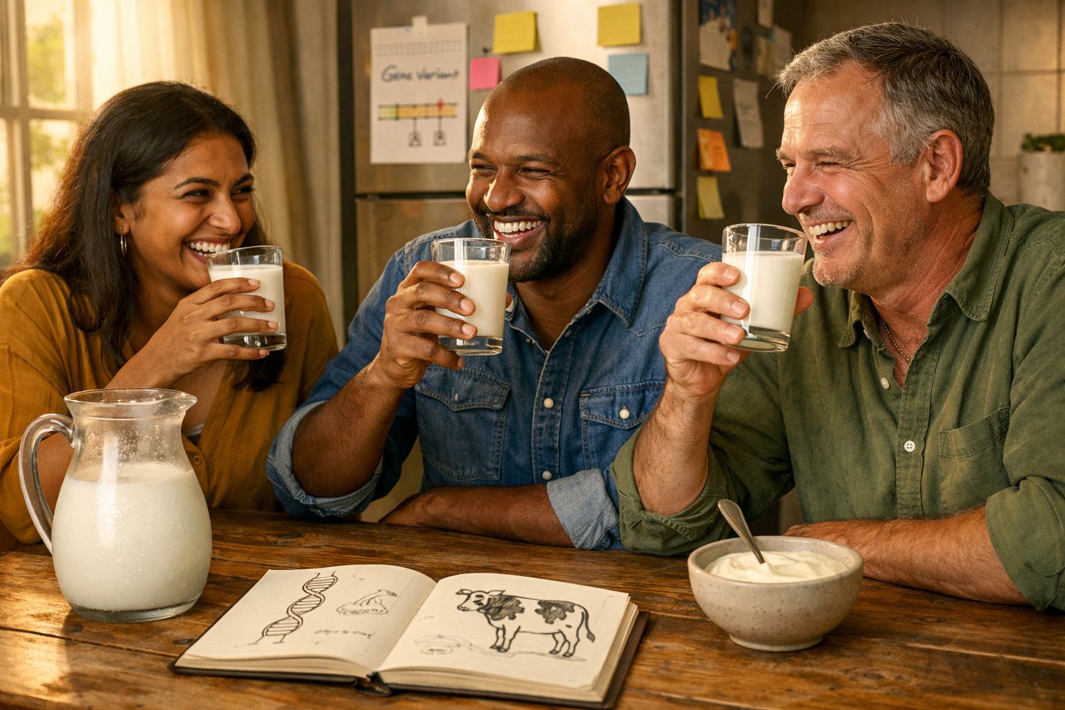 Três pessoas sorrindo enquanto bebem leite, com jarra, livro e tigela sobre mesa de madeira.