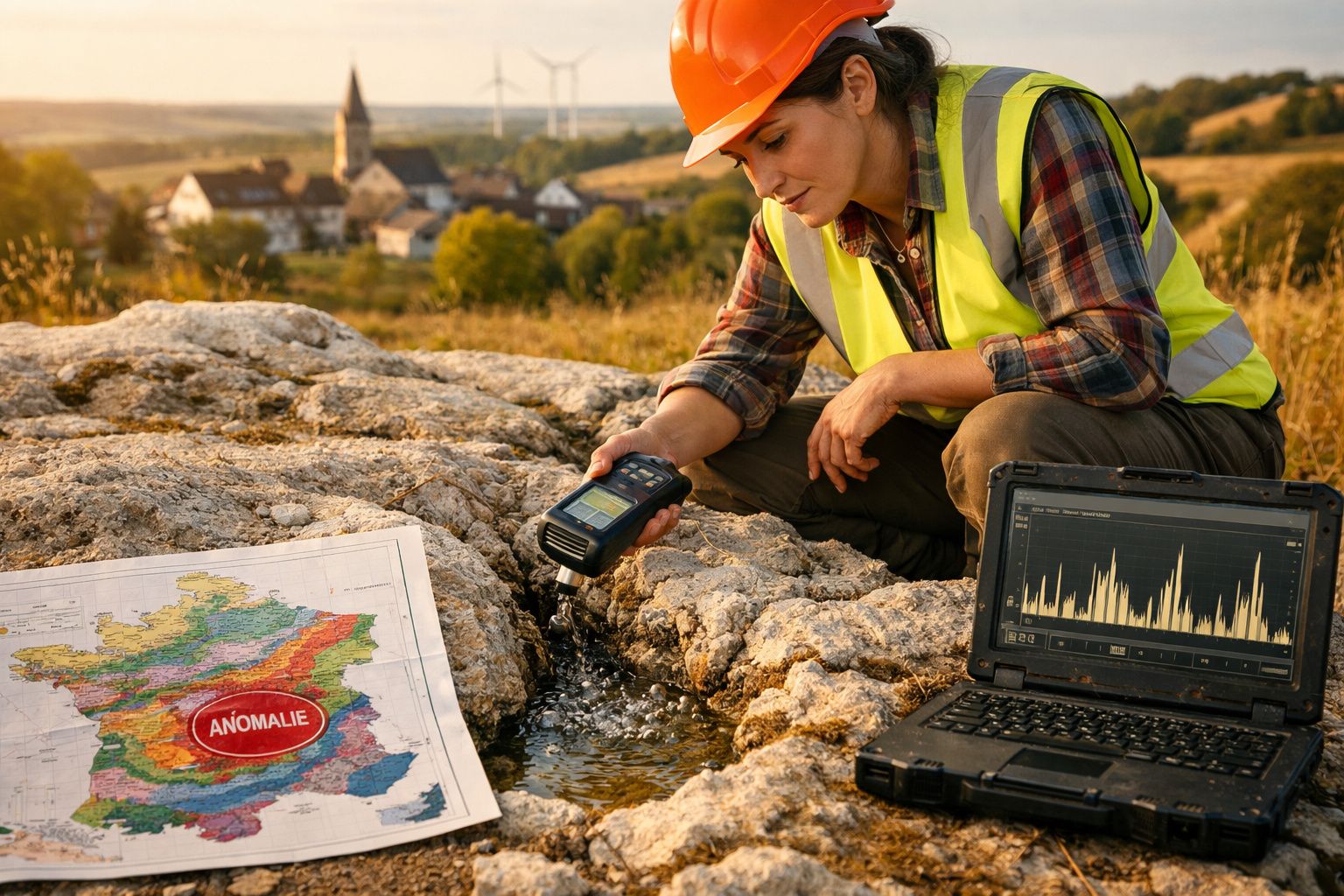 Mulher geóloga com capacete e colete a medir a água numa rocha, com mapa e computador portátil ao lado.