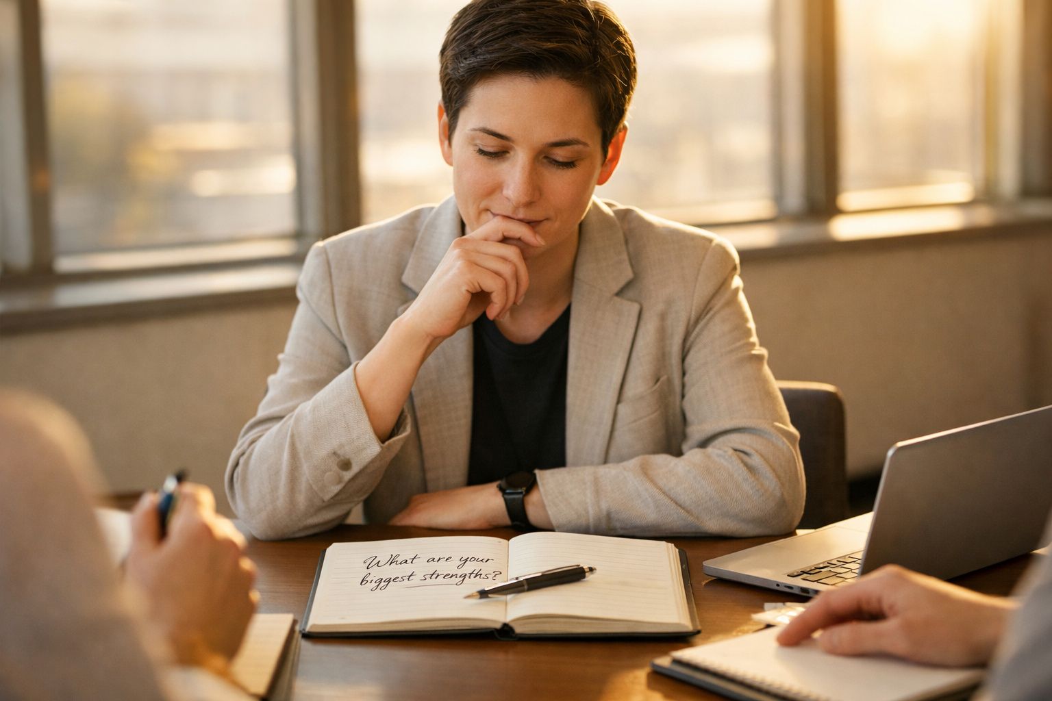 Pessoa a refletir durante entrevista de trabalho com caderno aberto e texto "What are your biggest strengths?" visível.