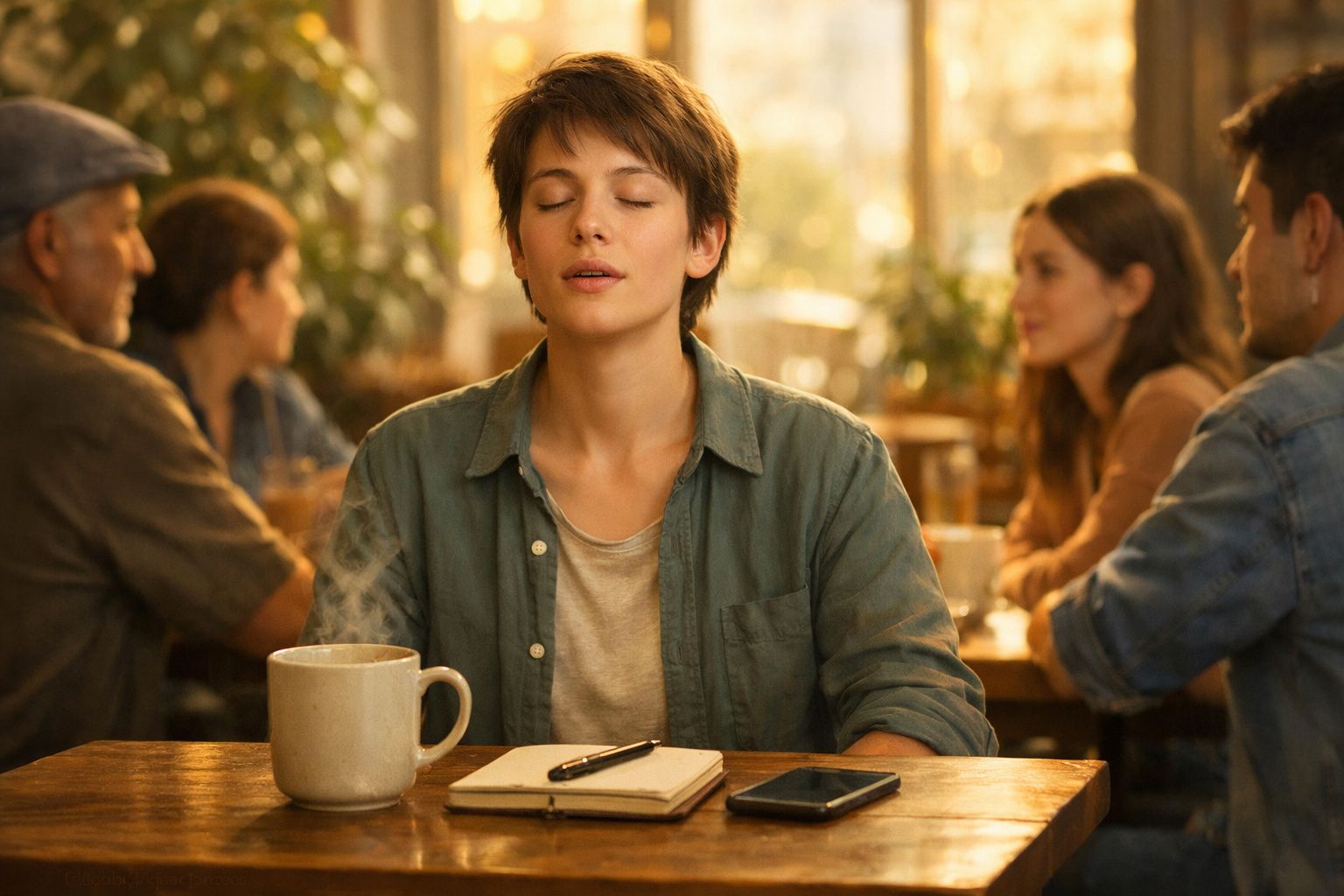 Pessoa sentada numa mesa de café com olhos fechados, ao lado de um caderno, caneta e telemóvel.