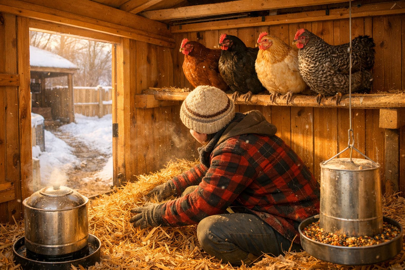 Pessoa com camisola xadrez e gorro a cuidar de galinhas dentro de um galinheiro com neve lá fora.
