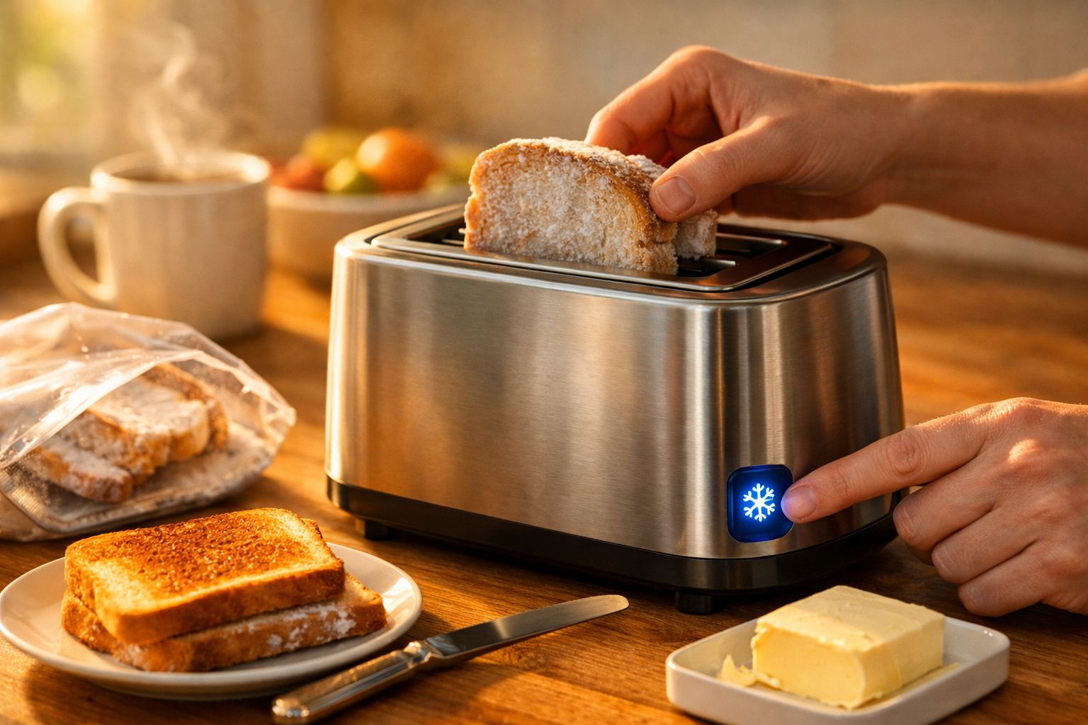Mãos a colocar fatia de pão no torrador metálico com botão azul numa cozinha com torradas e manteiga.