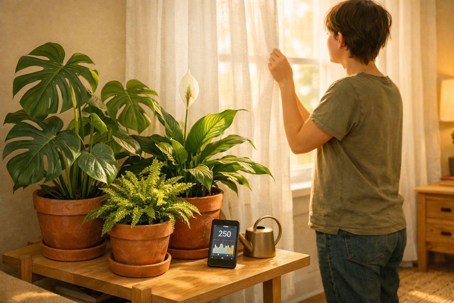 Pessoa abre cortina junto a mesa com três plantas em vasos de barro, regador e monitor de umidade ambiental.