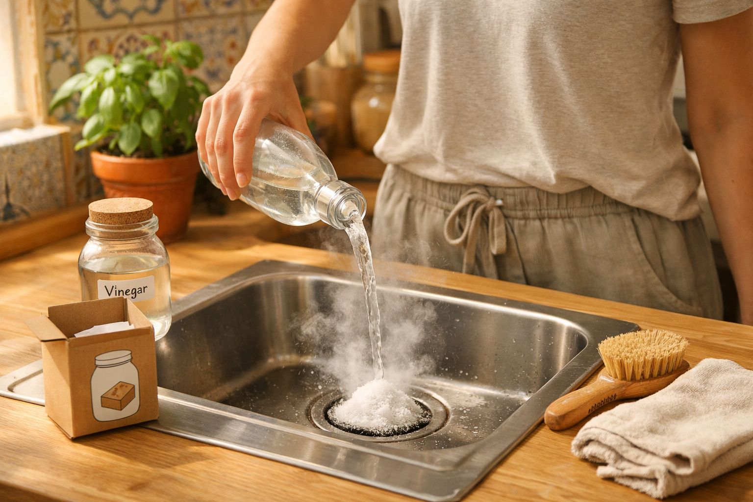 Pessoa a despejar vinagre líquido num lava-loiças, ao lado de uma escova de limpeza e um frasco etiquetado de vinagre.