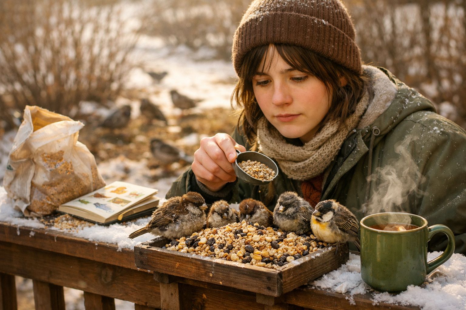 Jovem alimentação passarinhos com sementes ao ar livre, em ambiente frio e com neve, ao lado de chá quente.