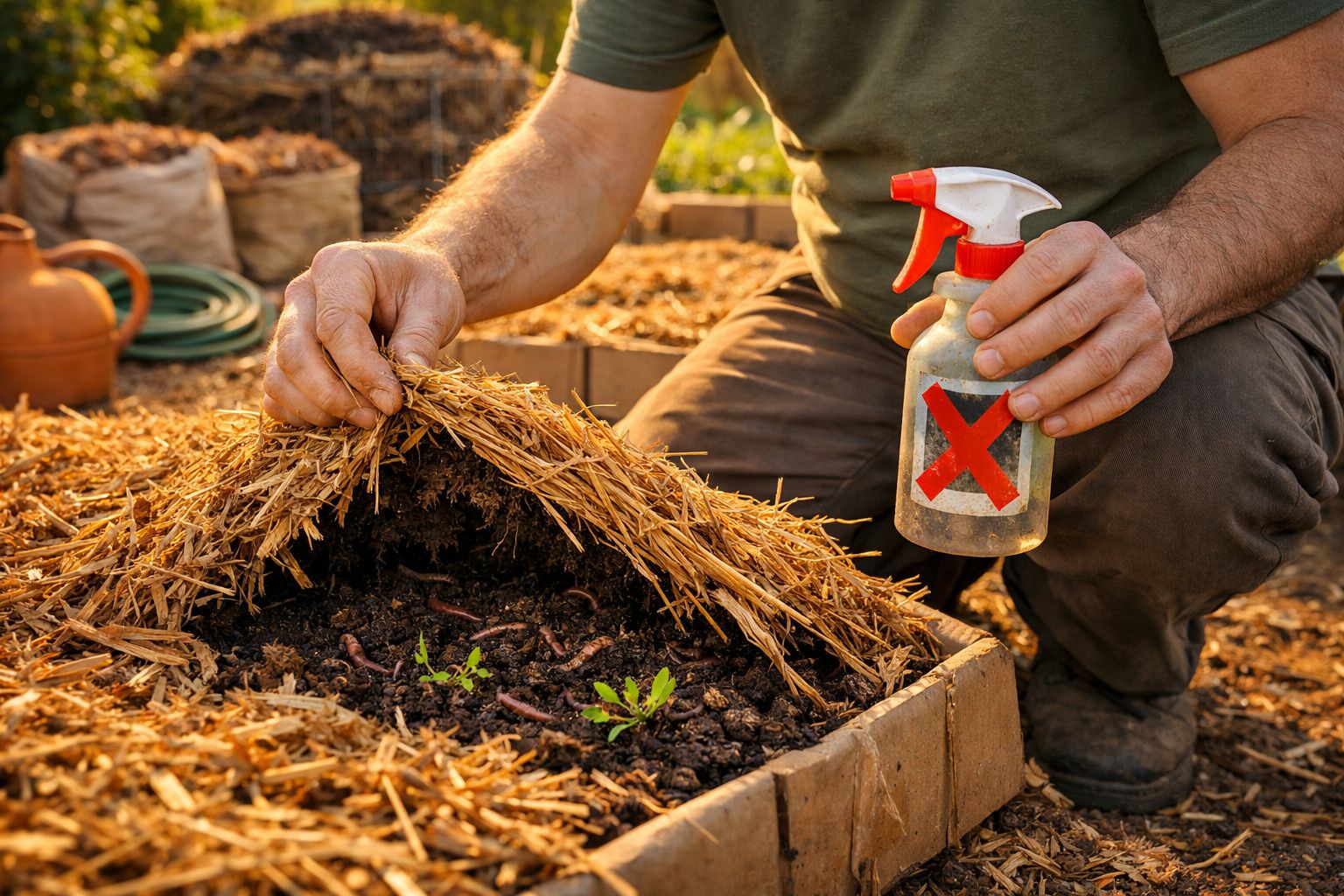 Homem revela minhocas no solo coberto com palha num canteiro de jardim, segurando pulverizador com X vermelho.