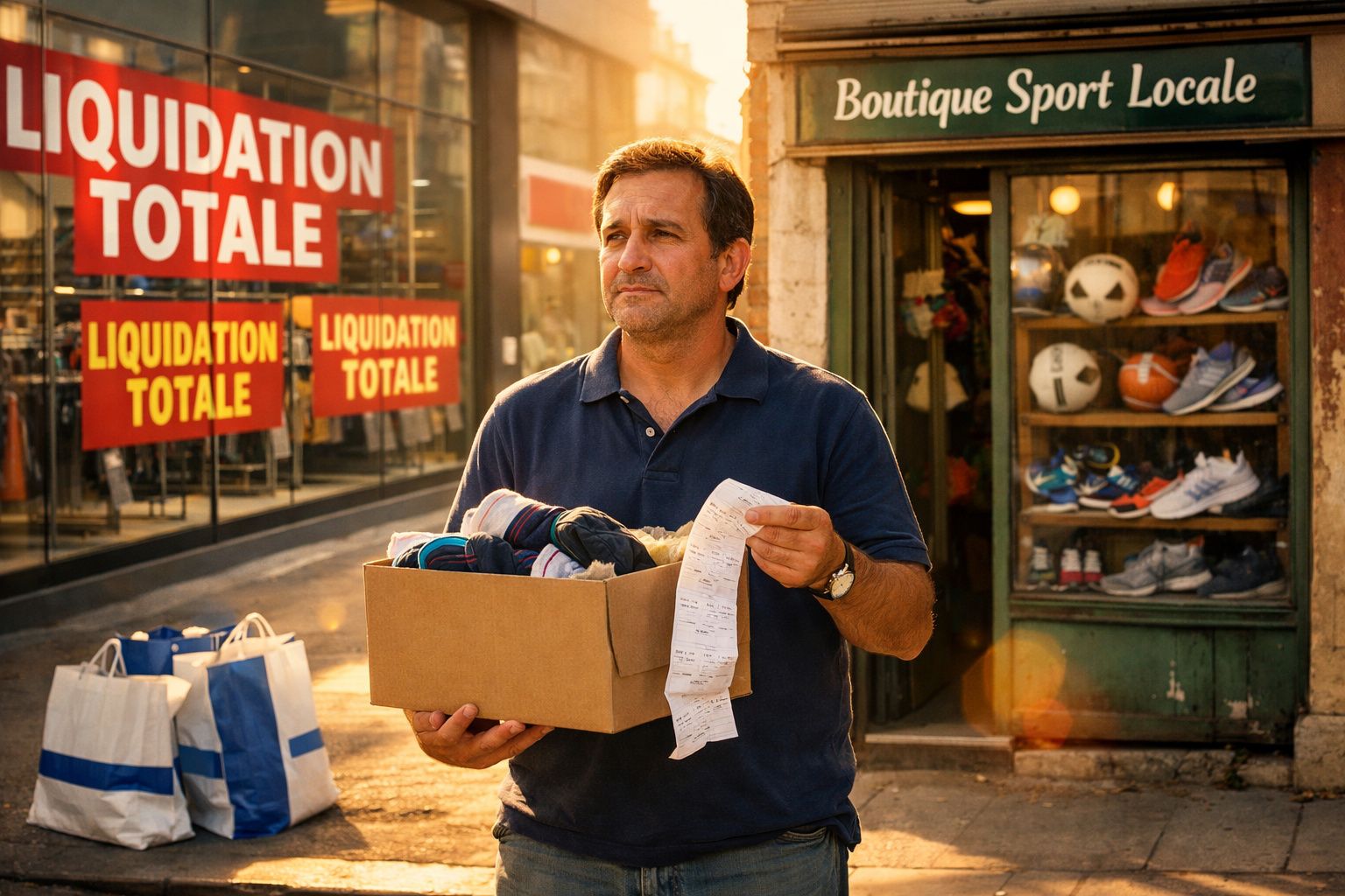Homem de polo azul segura caixa com roupa e conta em frente a loja desportiva com placas de liquidação total.