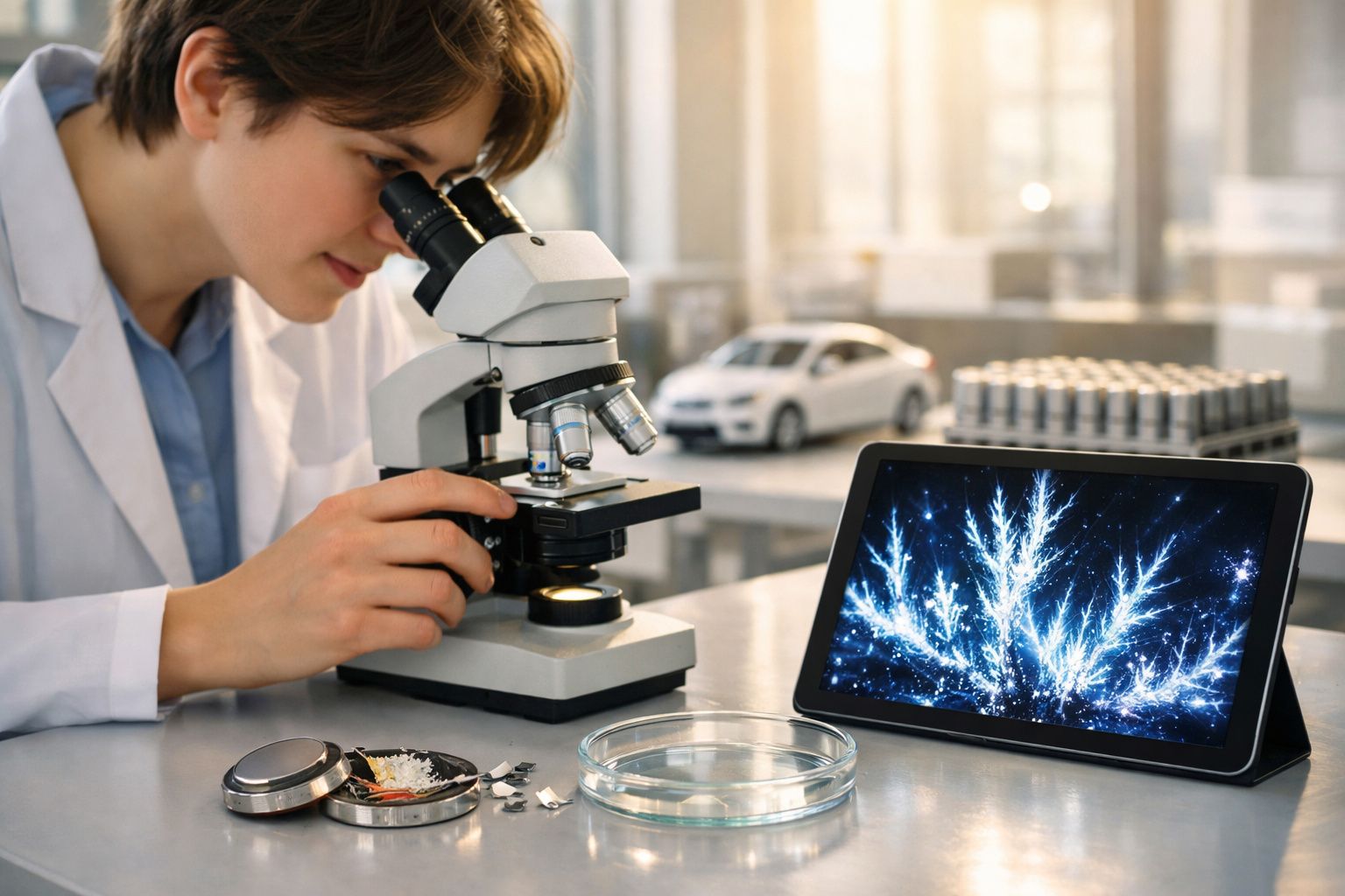 Mulher cientista observa amostra no microscópio em laboratório com imagem de cristais no ecrã digital.