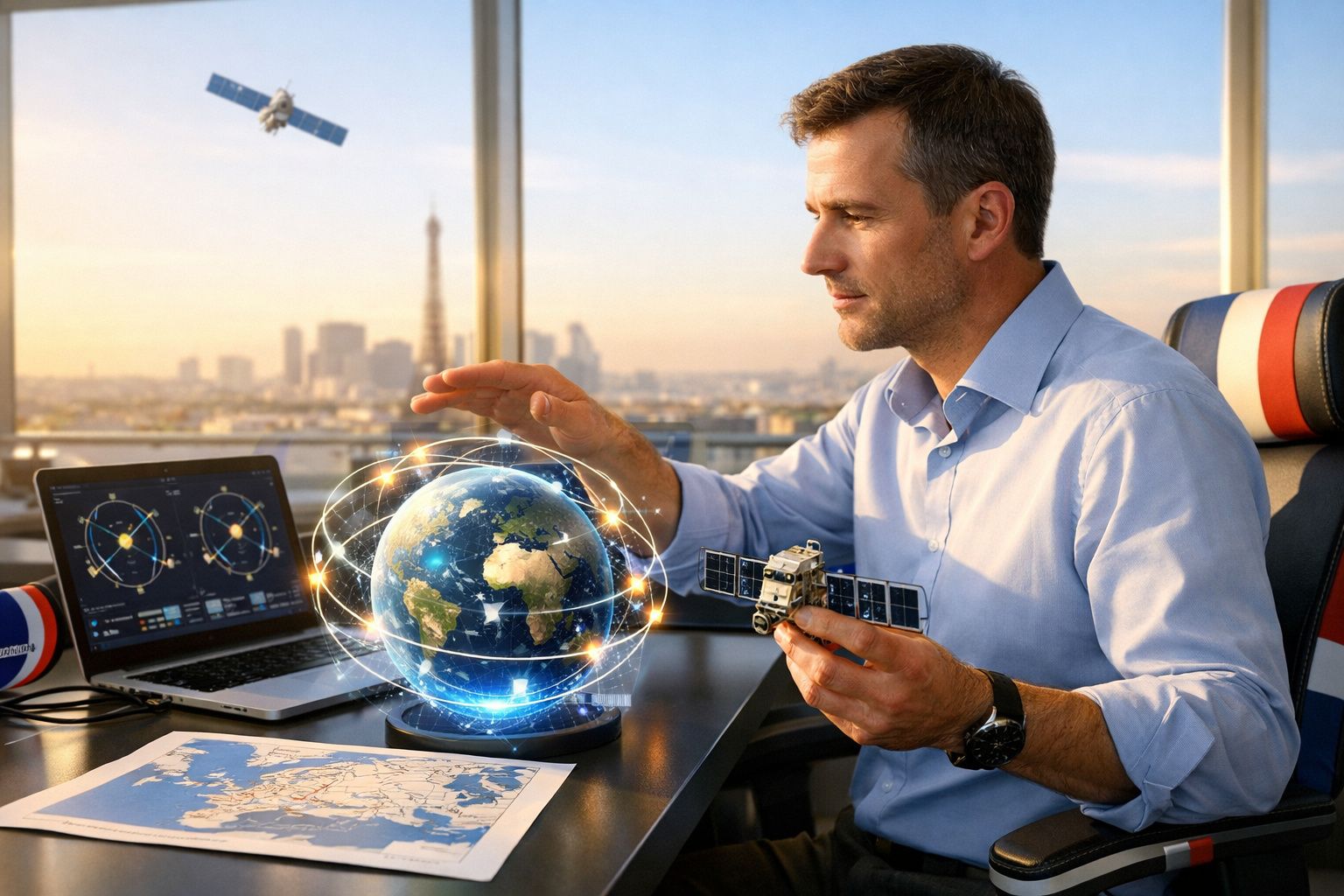 Homem a estudar satélites e um globo terrestre holográfico numa mesa com mapa e computador.