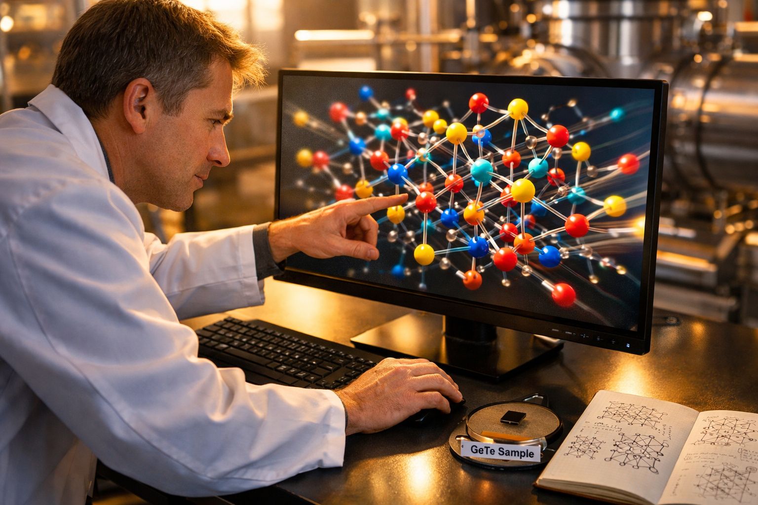 Cientista examina modelo molecular colorido num ecrã de computador num laboratório.