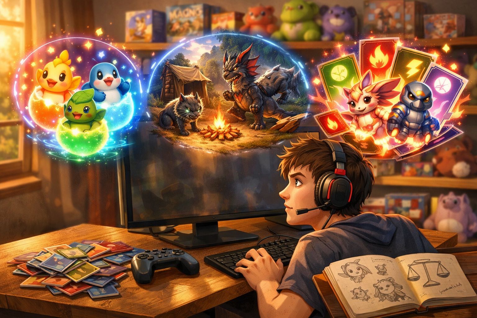 Jovem com headset a jogar videojogo no computador, rodeado de criaturas e cartas coloridas numa sala iluminada.