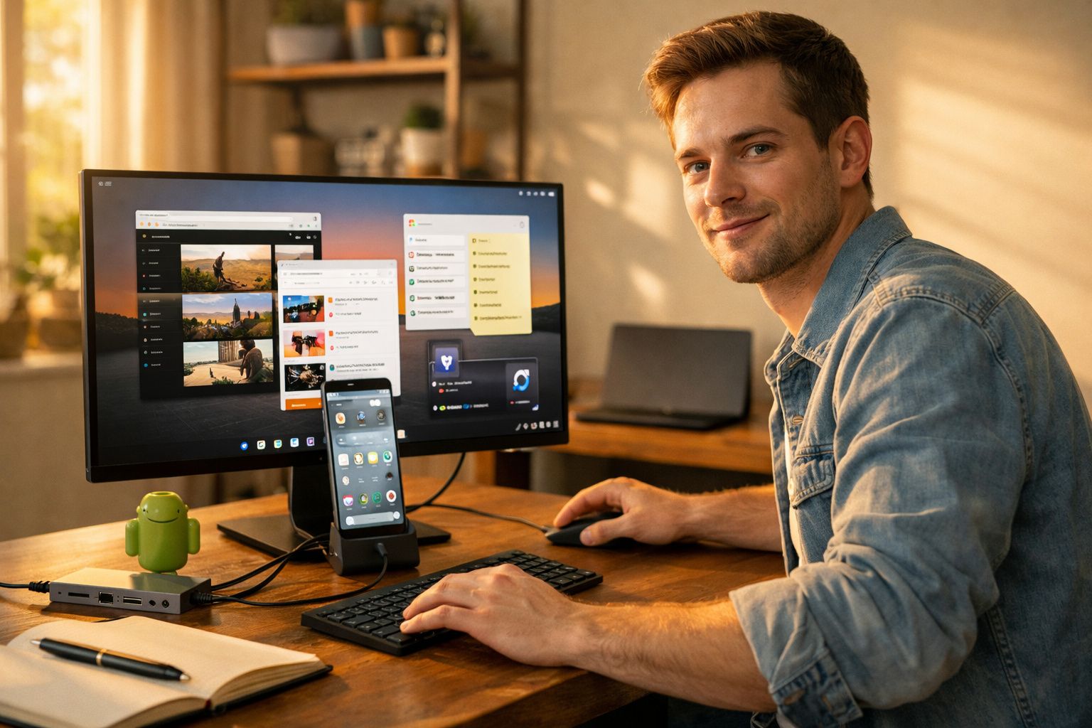 Homem sorridente a usar computador e smartphone num ambiente de escritório caseiro com luz natural suave.
