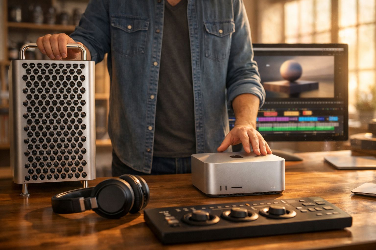 Pessoa a segurar computador portátil e a usar dispositivo compacto numa mesa com monitor, auscultadores e teclado de áudio.