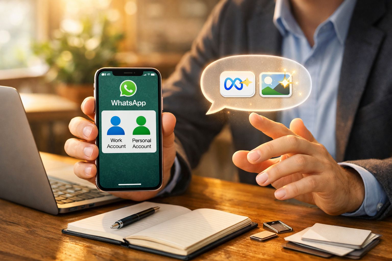 Pessoa a segurar telemóvel com WhatsApp aberto mostrando contas de trabalho e pessoal, escritório ao fundo.