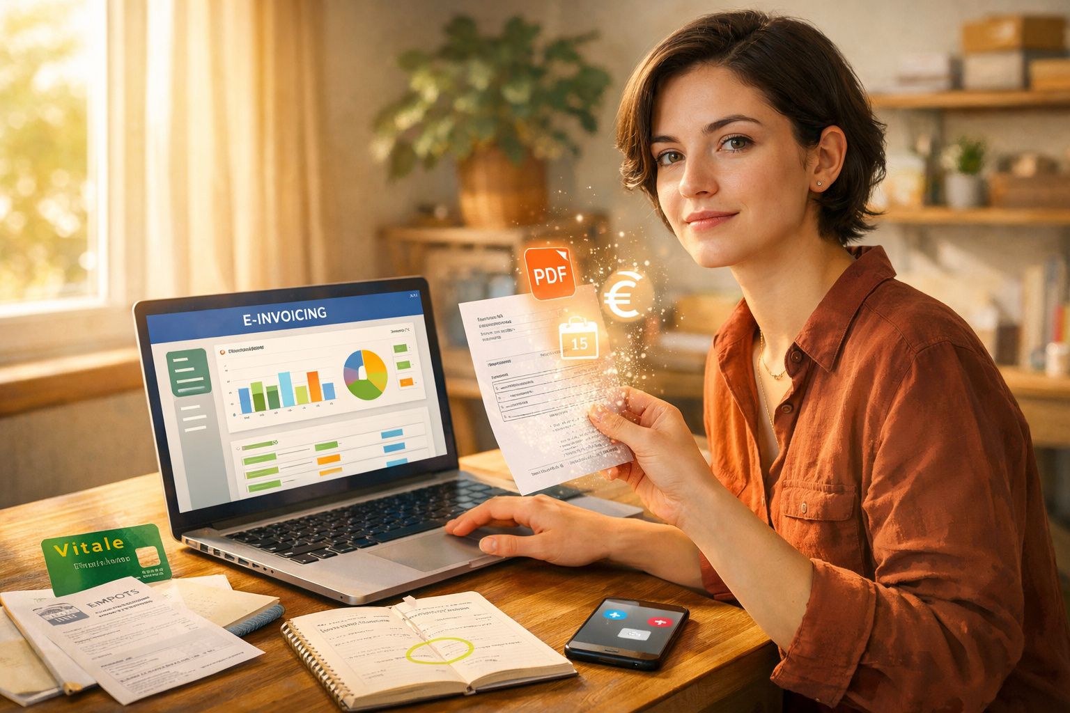 Mulher a trabalhar com faturas digitais no computador portátil num ambiente de escritório em casa.