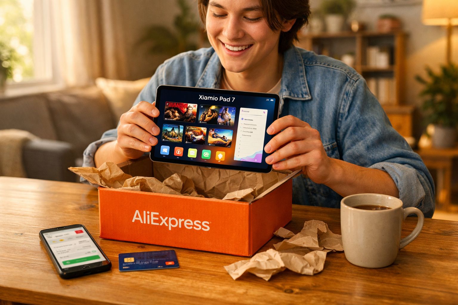 Pessoa a sorrir mostra um Xiaomi Pad 7 retirado de uma caixa AliExpress numa mesa com café e telemóvel.